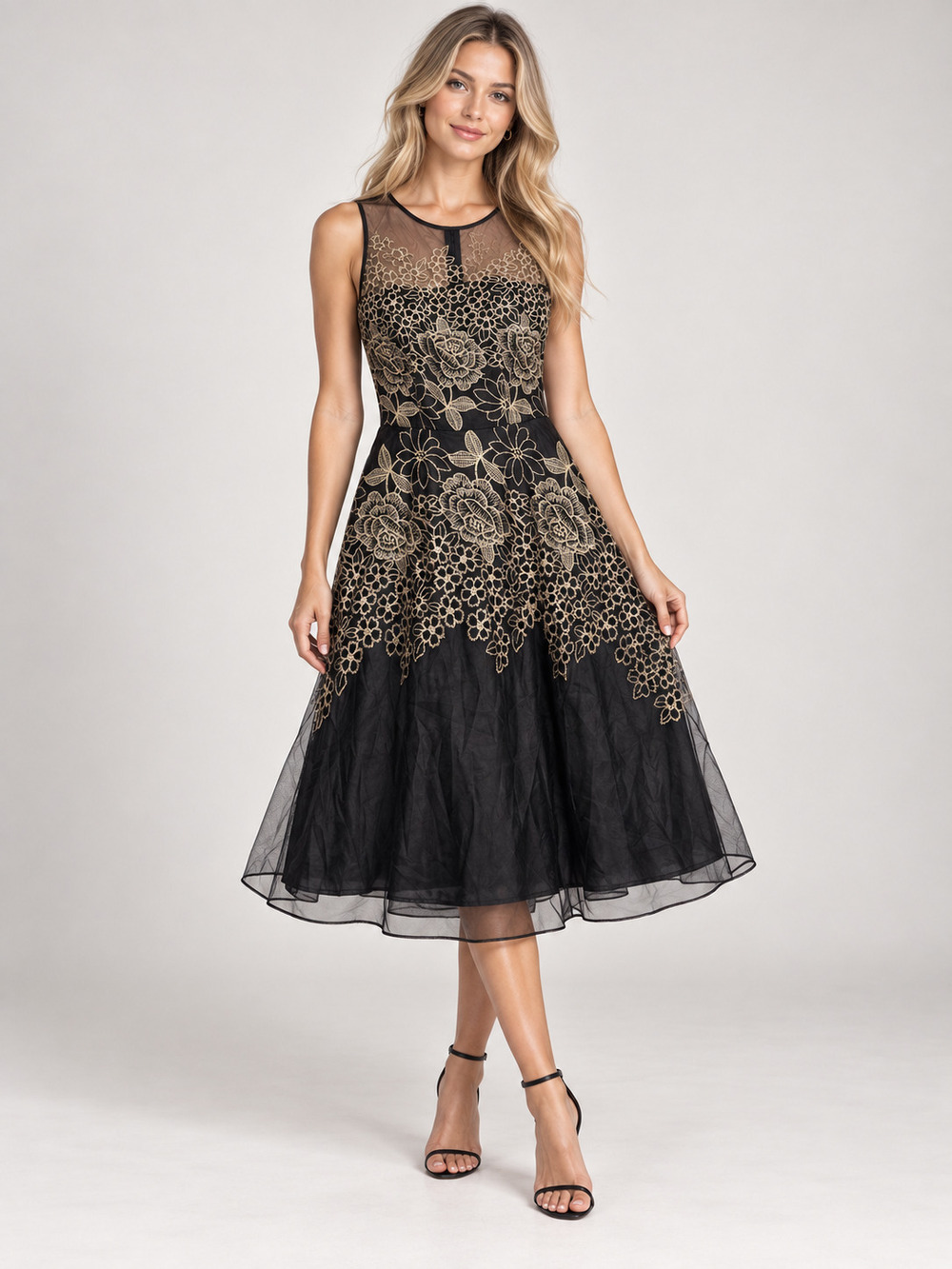 Tahari Arthur S. Levine Dress Black Gold Embroidered 2 #A4868
